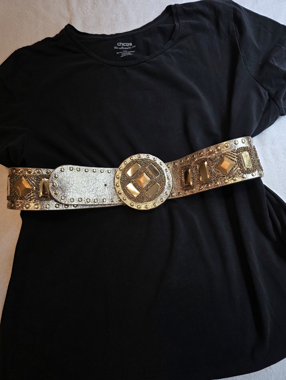 Chico's Vintage Embellished Metallic Gold Leather Belt Size M Boho Western